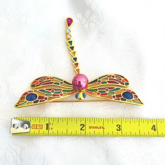 ⁣⁣⁣⁣Vtg Joan Rivers Stained Glass Pearl Dragonfly Brooch Articulated Tail Insect - Picture 5 of 7
